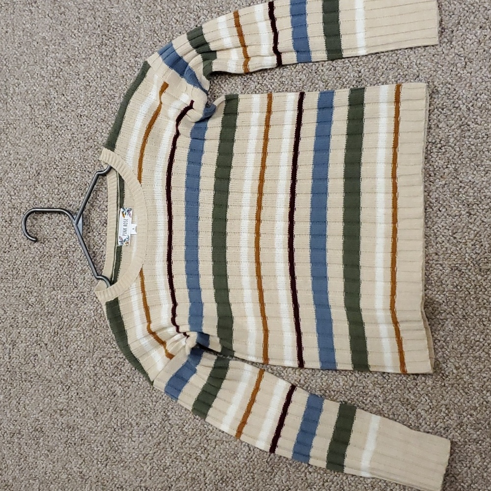 Pink Rose Striped Ribbed Knit Sweater in Cream, Olive, Blue, Mustard